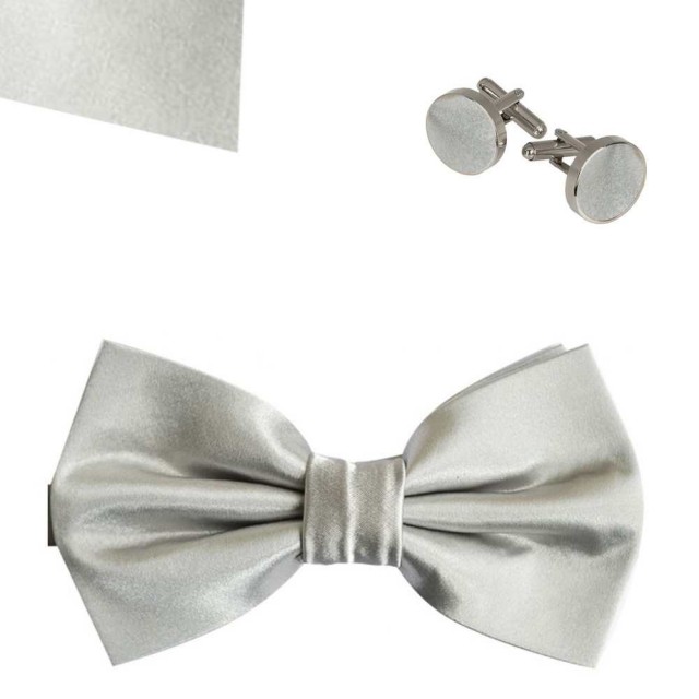  Set papion, butoni camasa, batista, argintiu uni, butterfly